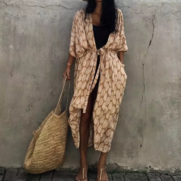 Other - SOLD OUT Bohemian Leaf Pattern Kimono Swim Coverup Wrap Duster Robe